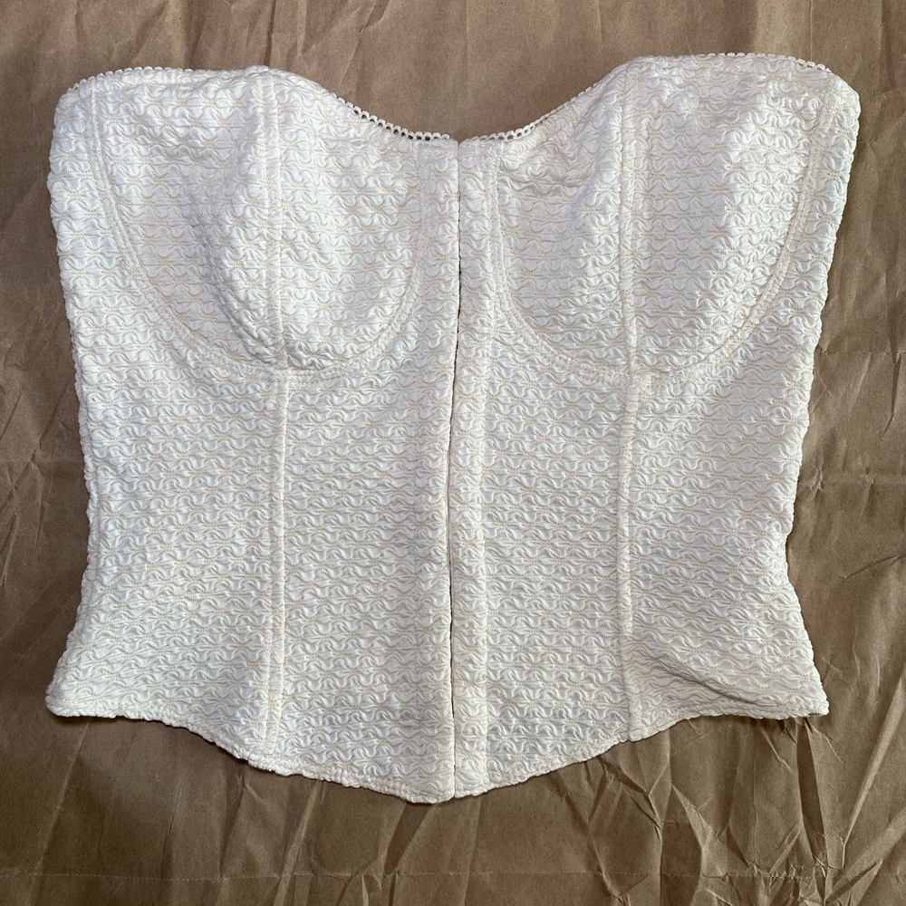 Corset Bustier Top | Size Small | Ivory Textured Strapless Crop Top